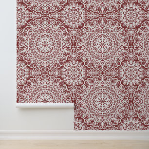 Papier Peint Garnet Burgundy Bohemian Mandala White Lace