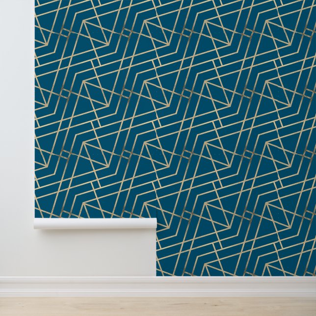 Papier Peint Géométrique Moderne Chic Déco Or & Turquoise (Application)