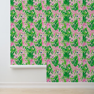 Papier Peint Giraffes Pink Green Tropical