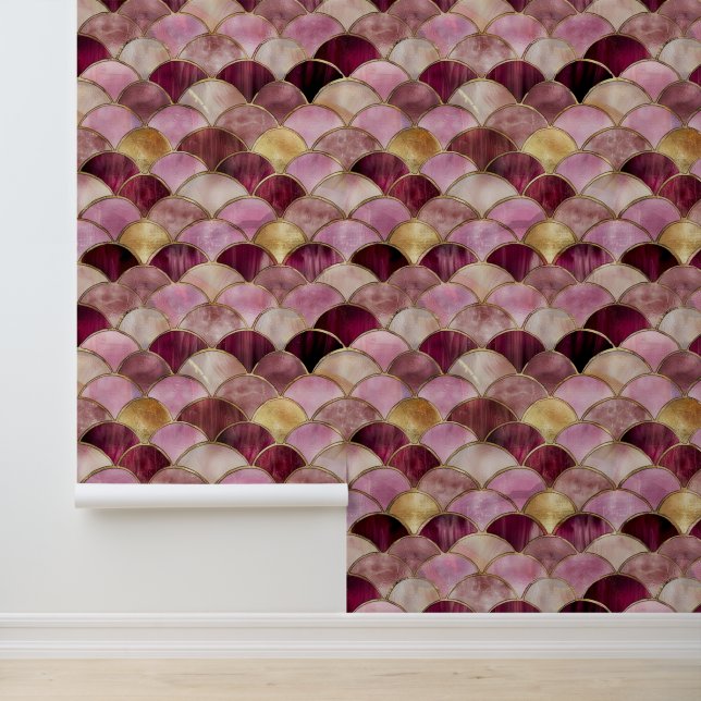 Papier Peint Glam rose Bourgogne Or Peacock Abstrait (Application)