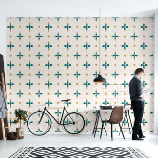 Papier Peint Gold and Teal Blue Persian art Tile Wallpaper