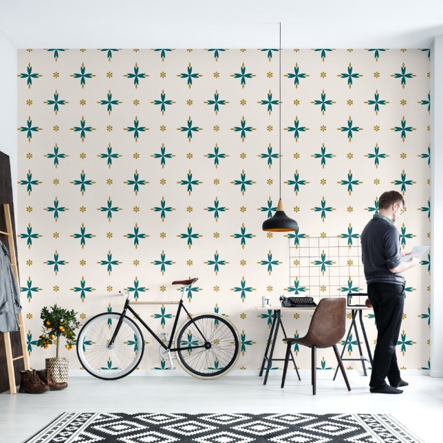 Papier Peint Gold and Teal Blue Persian art Tile Wallpaper (Salon)