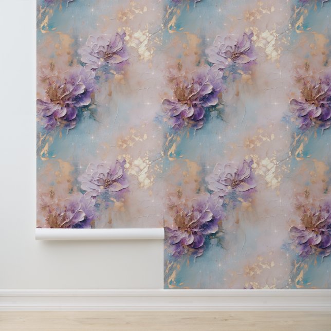 Papier Peint Gold Aqua Purple Floral (Application)