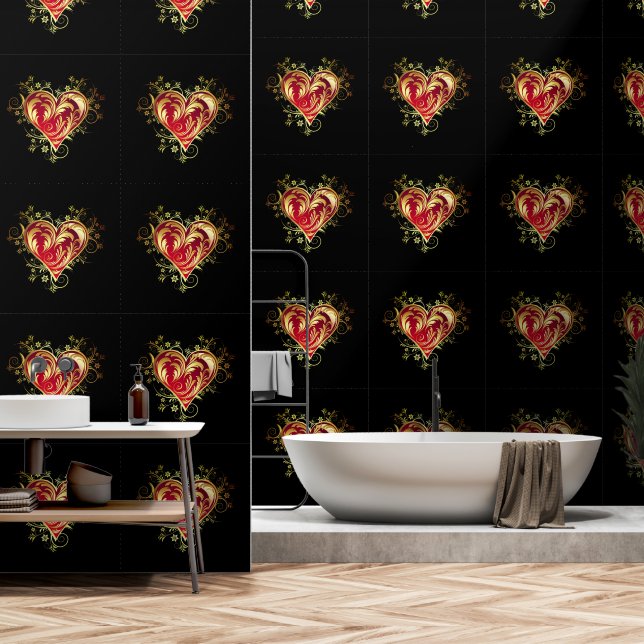 Papier Peint Gold Red Heart Couleur personnalisée Noir (Salle de bain)