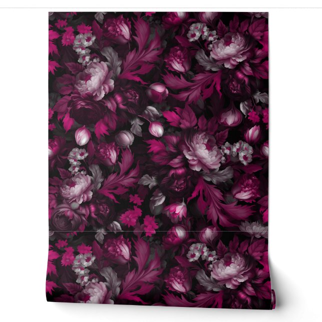 Papier Peint goth bordeaux minuit moody jardin fleuri (Déroulement)