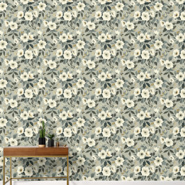 Papier Peint Grand vert floral blanc et gris