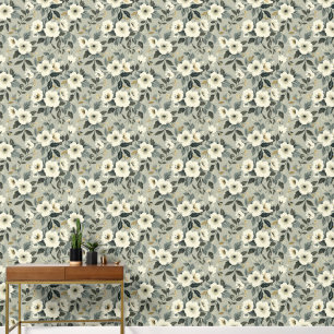 Papier Peint Grand vert floral blanc et gris