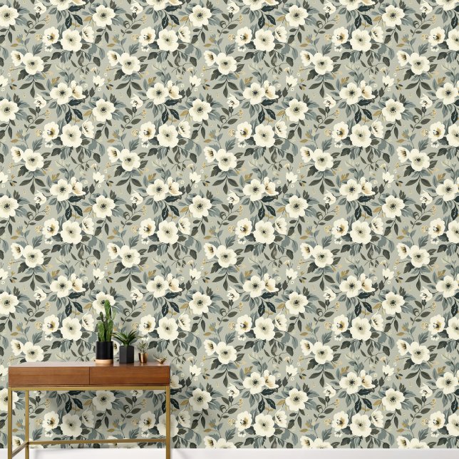 Papier Peint Grand vert floral blanc et gris (Couloir)
