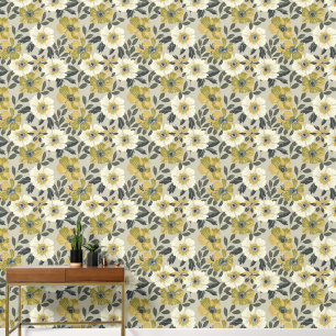 Papier Peint Grand vert floral blanc et gris