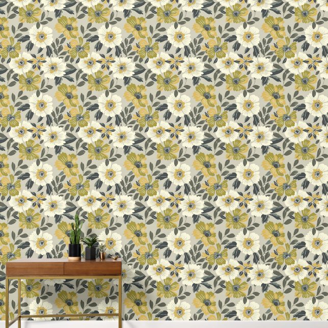 Papier Peint Grand vert floral blanc et gris (Couloir)