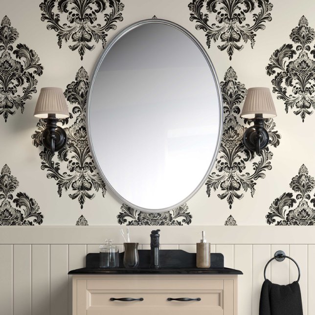 Papier Peint Grandeur baroque - noir et ivoire - traditionnel (Vintage Baroque Elegance Peel and Stick Wallpaper)