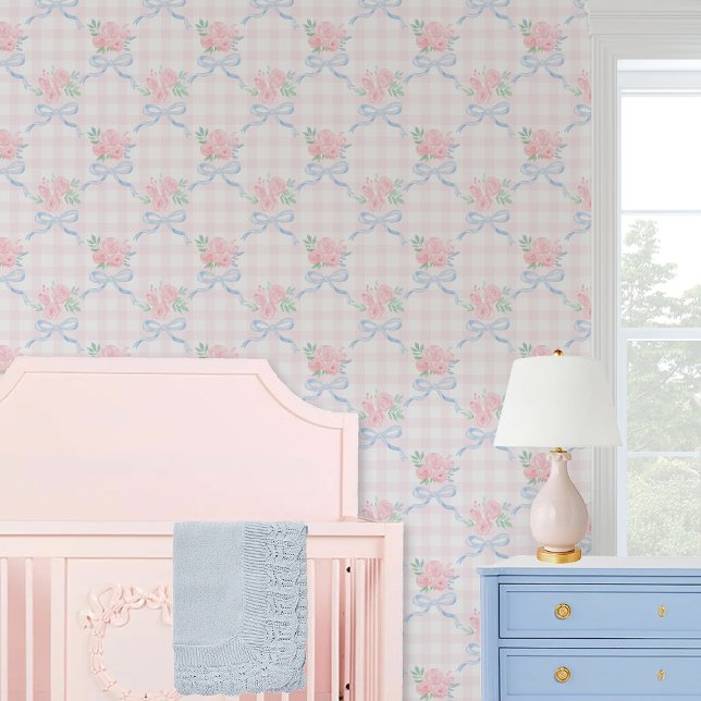 Papier Peint Grandmillennial preppy floral bows rose en vichy (Créateur téléchargé)