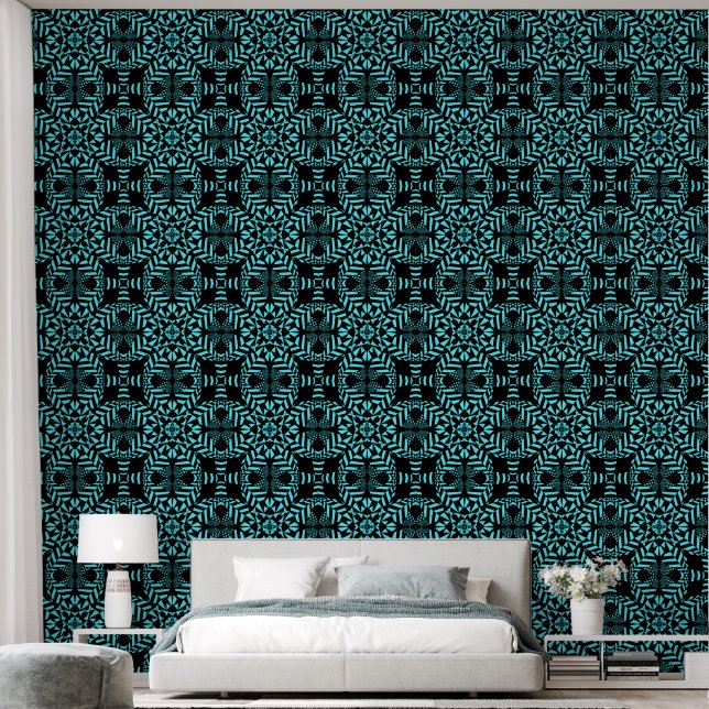 Papier Peint Grands Cercles Et Fleurs Géométriques Noir Et Aqua (Chambre à coucher)