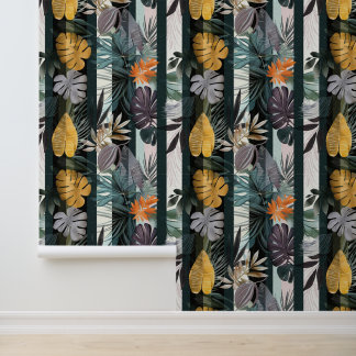 Papier Peint Gras bandes verticales vives avec feuilles plantes
