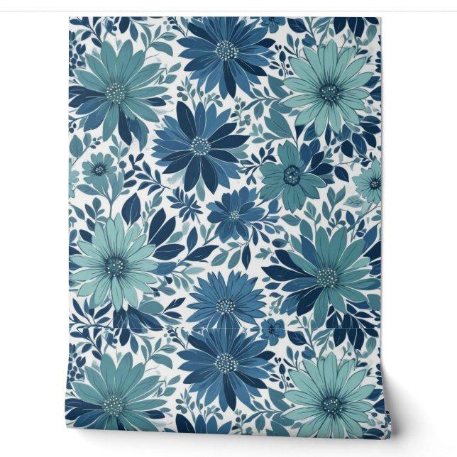 Papier Peint Gras Bleu Botanique Motif Floral (Déroulement)