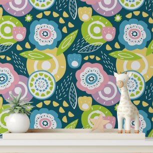 Papier Peint Gras Bleu Jaune Rose Floral Peel et Coller