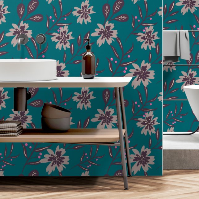 Papier Peint Gras Teal Floral Motif amovible (Créateur téléchargé)