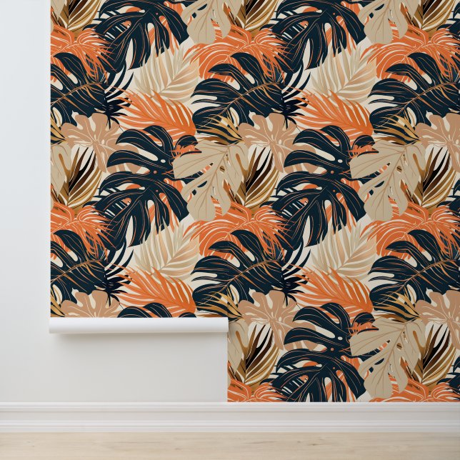 Papier Peint Green Orange Summer Tropical Monstera Feuille (Application)