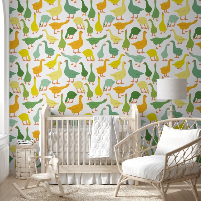 Papier Peint Green & Yellow Modern Geese Seamless Pattern (Enfants)