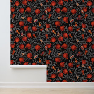 Papier Peint Grenades et papillons Bella en rouge et gris