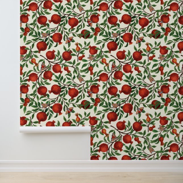 Papier Peint Grenades et papillons Bella sur blanc (Application)
