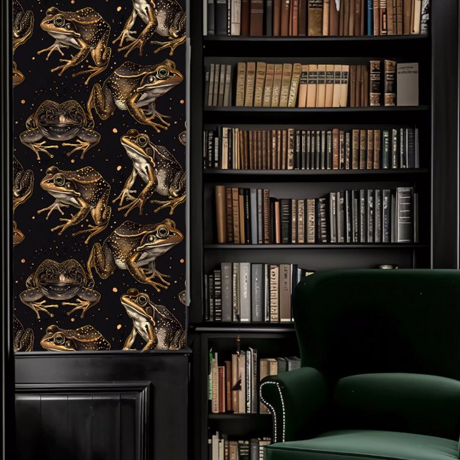 Papier Peint Grenouilles Dark Academia (Dark Academia Frogs Wallpaper in a library.)