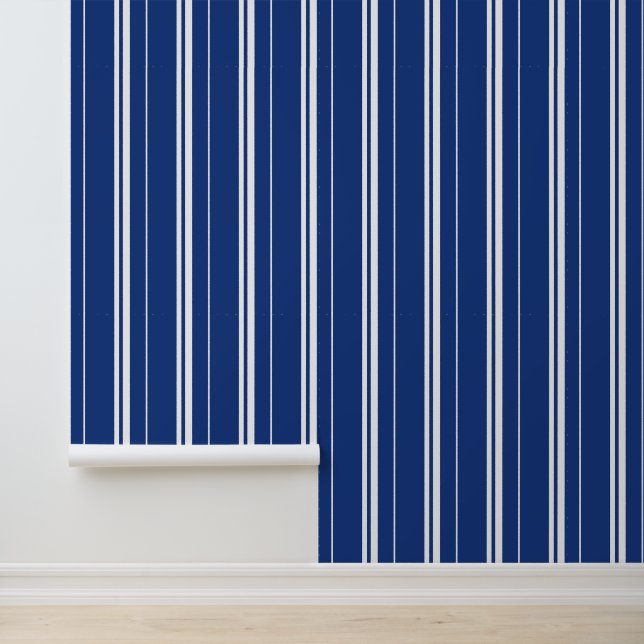 Papier Peint Grilles verticales Royal Bleu et Blanc (Application)