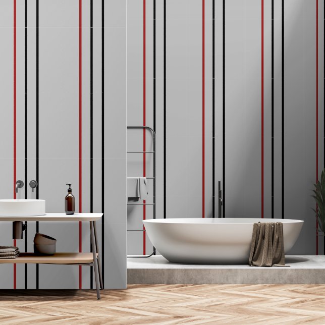 Papier Peint Gris de bande verticale rouge noir (Salle de bain)
