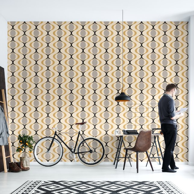 Papier Peint Gris Ocre Jaune Moutarde Ivoire Motif Ondé Ogee (Salon)