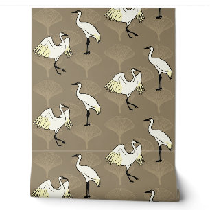 Papier Peint Grues asiatiques et Gingko Biloba Feuilles Sepia