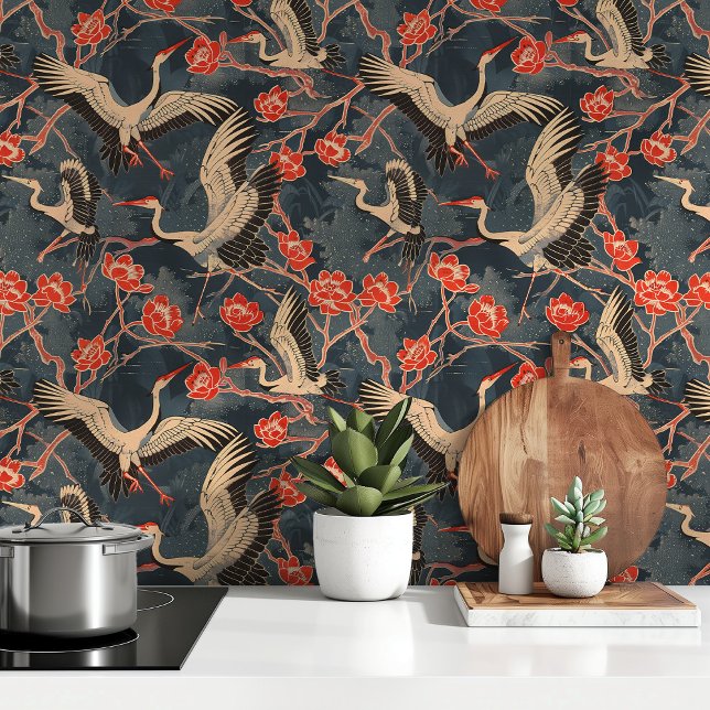 Papier Peint Grues élégantes et fleurs rouges (Créateur téléchargé)