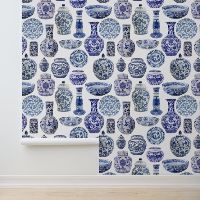 Papier Peint Hamptons Chinoiserie Ginger Jar Motif (Application)