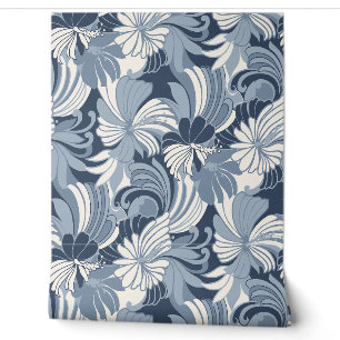 Papier Peint Hibiscus Jungle Hawaiian Tropical Floral - Denim