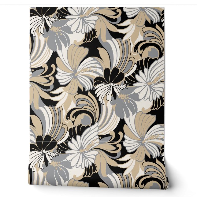 Papier Peint Hibiscus Jungle Hawaiian Tropical Floral - Neutre (Déroulement)