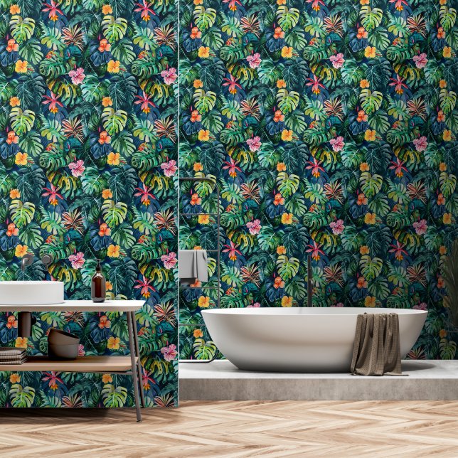 Papier Peint Hibiscus Monstera Jungle (Salle de bain)