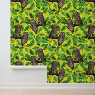 Papier Peint Hiboux dans la forêt sur fond jaune citron