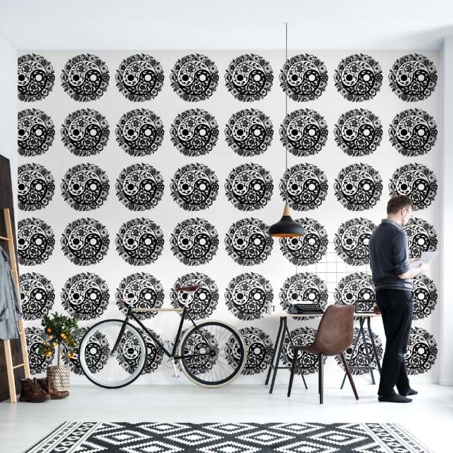 Papier Peint Huile florale noire et blanche Yin Yang (Salon)