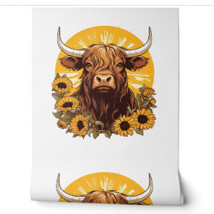 Papier Peint Illustration d'une vache des Highlands avec Sunflo