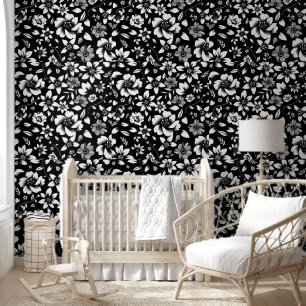 Papier Peint Impression de feuilles florales modernes noir et b
