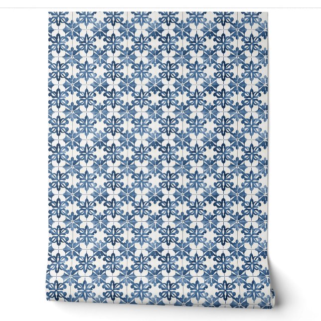 Papier Peint Indigo Floral Medley Mini - Bleu et crème (Déroulement)