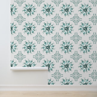 Papier peint Inky Floral | Blanc vert Turquoise