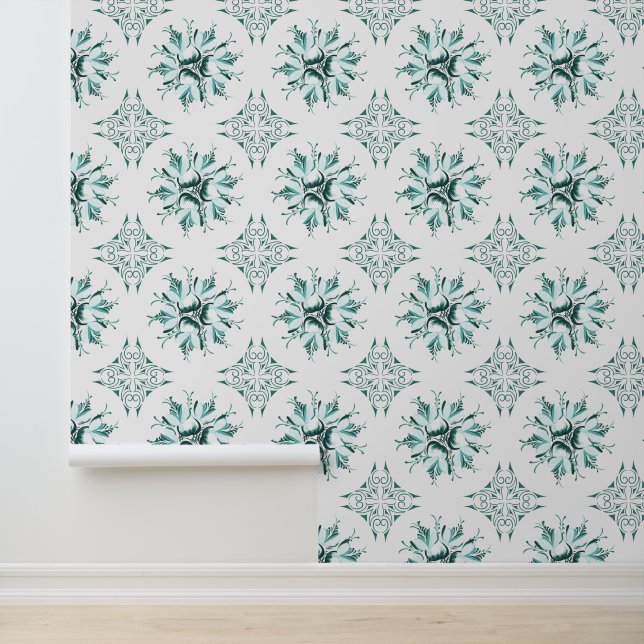 Papier peint Inky Floral | Blanc vert Turquoise (Application)