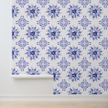 Papier peint Inky Floral | Bleu et blanc
