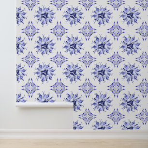 Papier peint Inky Floral   Bleu et blanc