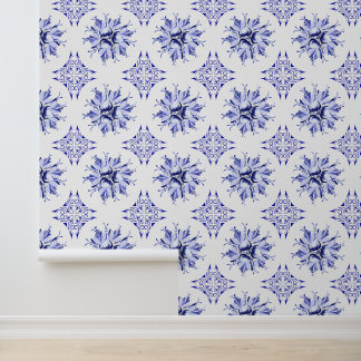 Papier peint Inky Floral | Bleu et blanc