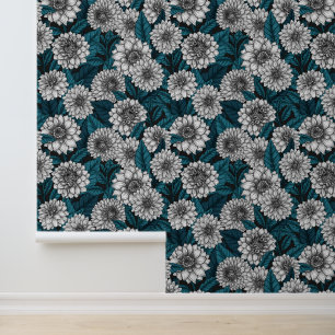 Papier Peint Jardin blanc Dahlia / feuilles bleus 2