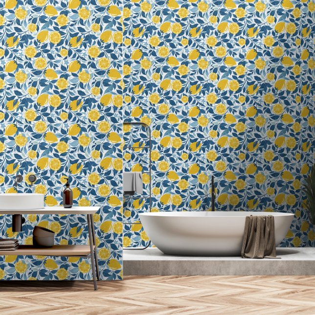 Papier Peint Jardin de citron vert - Jaune clair et bleu (Salle de bain)