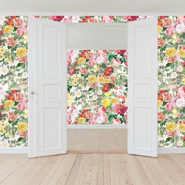 Papier Peint Jardin de printemps Vintage Rose (Floral Roses Vintage Spring Garden Wallpaper)