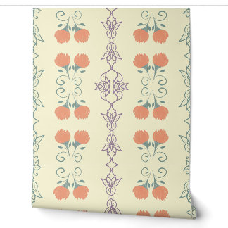 Papier Peint Jardin de tulipes rayures floral - Orange et vert