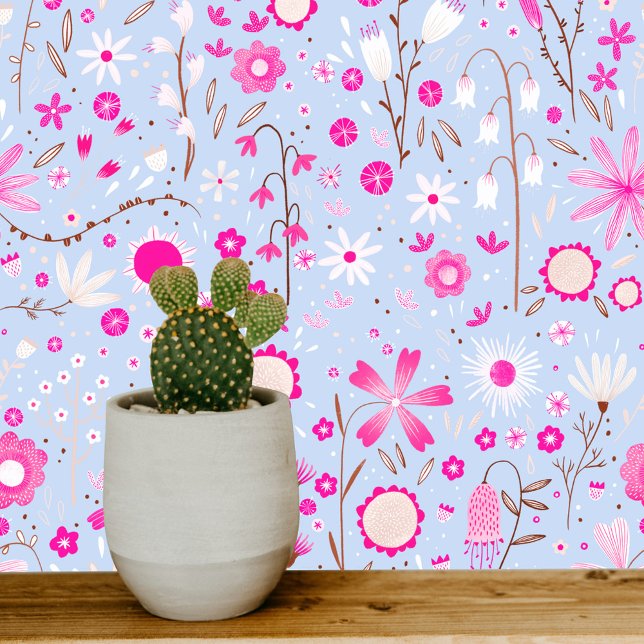 Papier Peint Jardin fleur sauvage bleu rose Floral (Pretty pink, blue and white wildflower art wallpaper)